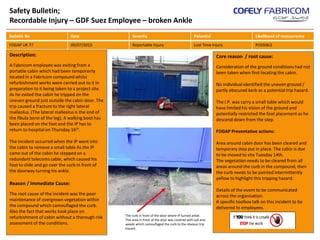 Safety Bulletin;
Recordable Injury – GDF Suez Employee – broken Ankle
Description:
A Fabricom employee was exiting from a
portable cabin which had been temporarily
located in a Fabricom compound whilst
refurbishment works were carried out to it in
preparation to it being taken to a project site.
As he exited the cabin he tripped on the
uneven ground just outside the cabin door. The
trip caused a fracture to the right lateral
malleolus. (The lateral malleolus is the end of
the fibula bone of the leg). A walking boot has
been placed on the foot and the IP has to
return to hospital on Thursday 16th.
The incident occurred when the IP went into
the cabin to remove a small table As the IP
came out of the cabin he stepped on a
redundant telecoms cable, which caused his
foot to slide and go over the curb in front of
the doorway turning his ankle.
Reason / Immediate Cause:
The root cause of the incident was the poor
maintenance of overgrown vegetation within
the compound which camouflaged the curb.
Also the fact that works took place on
refurbishment of cabin without a thorough risk
assessment of the conditions.
Core reason / root cause:
Consideration of the ground conditions had not
been taken when first locating the cabin.
No individual identified the uneven ground /
partly obscured kerb as a potential trip hazard.
The I.P. was carry a small table which would
have limited his vision of the ground and
potentially restricted the foot placement as he
descend down from the step.
FOGAP Preventative actions:
Area around cabin door has been cleared and
temporary step put in place. The cabin is due
to be moved to site Tuesday 14th.
The vegetation needs to be cleared from all
areas around the curb in the compound, then
the curb needs to be painted intermittently
yellow to highlight this tripping hazard.
Details of the event to be communicated
across the organisation.
A specific toolbox talk on this incident to be
delivered to employees.
Bulletin No Date Severity Potential Likelihood of reoccurrence
FOGAP UK 77 09/07/2015 Reportable Injury Lost Time Injury POSSIBLE
The curb in front of the door where IP turned ankle.
This area in front of the door was covered with soil and
weeds which camouflaged the curb to the obvious trip
hazard.
 