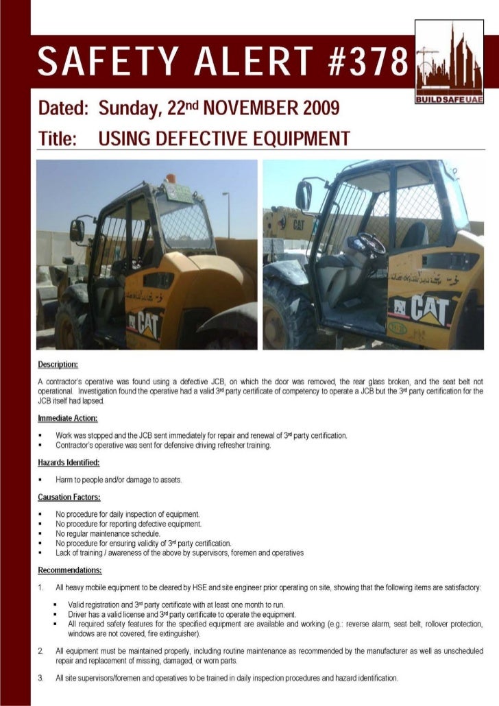 Safety Alert Using Defective Equipment