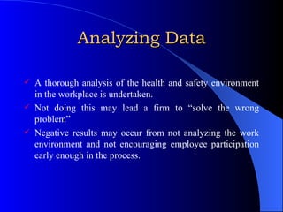 Analyzing Data A thorough analysis of the health and safety environment in the workplace is undertaken. Not doing this may lead a firm to “solve the wrong problem” Negative results may occur from not analyzing the work environment and not encouraging employee participation early enough in the process. 
