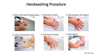 1. Wet hands with flowing water
2. Lather hands with soap
3. Rub palm to palm
4. Rub back of hands
5. Rub between the fing...