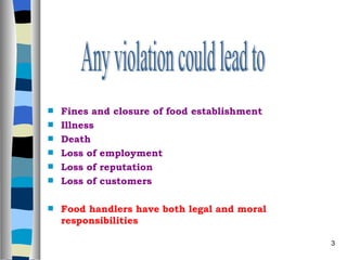 Fines and closure of food establishment Illness Death Loss of employment Loss of reputation Loss of customers Food handlers have both legal and moral responsibilities Any violation could lead to 