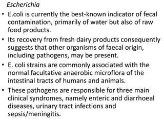 Escherichia
• E.coli is currently the best-known indicator of fecal
contamination, primarily of water but also of raw
food...