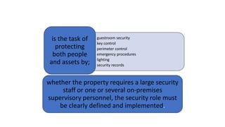 • guestroom security
• key control
• perimeter control
• emergency procedures
• lighting
• security records
is the task of
protecting
both people
and assets by;
whether the property requires a large security
staff or one or several on-premises
supervisory personnel, the security role must
be clearly defined and implemented.
 