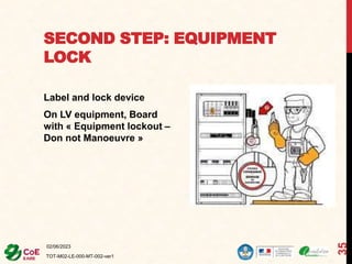 SECOND STEP: EQUIPMENT
LOCK
Label and lock device
On LV equipment, Board
with « Equipment lockout –
Don not Manoeuvre »
02/06/2023
TOT-M02-LE-000-MT-002-ver1
35
 