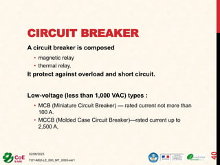 CIRCUIT BREAKER
A circuit breaker is composed
• magnetic relay
• thermal relay.
It protect against overload and short circuit.
Low-voltage (less than 1,000 VAC) types :
• MCB (Miniature Circuit Breaker) — rated current not more than
100 A.
• MCCB (Molded Case Circuit Breaker)—rated current up to
2,500 A,
02/06/2023
TOT-M02-LE_000_MT_0003-ver1
40
 