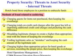 Hotel Operations Management, 1/e
Hotels bond those employees in a position to embezzle funds
Property Security: Threats to Asset Security
- Internal Threats
Methods of fraud related to cashiering
Charging guests for items not purchased, then keeping the
overcharge
Changing totals on credit card charges after the guest has left or
imprinting additional credit card charges and pocketing the cash
difference
Misadding legitimate charges to create a higher-than-appropriate
total with the intent of keeping the overcharge
Voiding legitimate sales as “mistakes” and keeping the cash
amount of the legitimate sale
Facility Engineering & Maintenance 9
Charging higher-than-appropriate prices for hotel goods or
services, recording the proper price, then keeping the overcharge
 