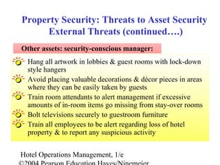Hotel Operations Management, 1/e
Other assets: security-conscious manager:
Property Security: Threats to Asset Security
External Threats (continued….)
Hang all artwork in lobbies & guest rooms with lock-down
style hangers
Avoid placing valuable decorations & décor pieces in areas
where they can be easily taken by guests
Train room attendants to alert management if excessive
amounts of in-room items go missing from stay-over rooms
Bolt televisions securely to guestroom furniture
Train all employees to be alert regarding loss of hotel
property & to report any suspicious activity
 