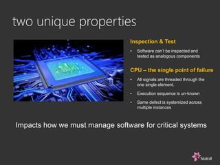 two unique properties
Inspection & Test
• Software can’t be inspected and
tested as analogous components
CPU – the single point of failure
• All signals are threaded through the
one single element.
• Execution sequence is un-known
• Same defect is systemized across
multiple instances
Impacts how we must manage software for critical systems
 