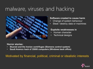 malware, viruses and hacking
Motivated by financial, political, criminal or idealistic interests
Software created to cause harm
• Change of system behaviour
• Steal / destroy data or machines
Exploits weaknesses in
• Human character
• Technical designs
Horror stories:
• Stuxnet and the Iranian centrifuges (Siemens control system)
• Saudi Aramco hack of 35000 computers (Windows back office)
 
