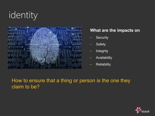 identity
How to ensure that a thing or person is the one they
claim to be?
What are the impacts on
- Security
- Safety
- Integrity
- Availability
- Reliability
 