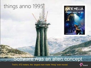 Troll A, 472 meters, the largest man made “thing” ever moved
Software was an alien concept
things anno 1995
 