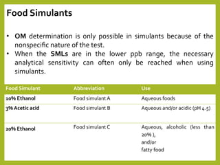 • OM determination is only possible in simulants because of the
nonspeciﬁc nature of the test.
• When the SMLs are in the lower ppb range, the necessary
analytical sensitivity can often only be reached when using
simulants.
Food Simulant Abbreviation Use
10% Ethanol Food simulant A Aqueous foods
3% Acetic acid Food simulant B Aqueous and/or acidic (pH 4.5)
20% Ethanol Food simulant C Aqueous, alcoholic (less than
20% ),
and/or
fatty food
Food Simulants
 
