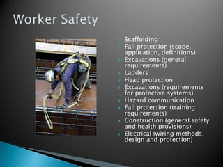    Scaffolding
   Fall protection (scope,
    application, definitions)
   Excavations (general
    requirements)
   Ladders
   Head protection
   Excavations (requirements
    for protective systems)
   Hazard communication
   Fall protection (training
    requirements)
   Construction (general safety
    and health provisions)
   Electrical (wiring methods,
    design and protection)
 