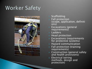    Scaffolding
   Fall protection
    (scope, application, definiti
    ons)
   Excavations (general
    requirements)
   Ladders
   Head protection
   Excavations (requirements
    for protective systems)
   Hazard communication
   Fall protection (training
    requirements)
   Construction (general safety
    and health provisions)
   Electrical (wiring
    methods, design and
    protection)
 