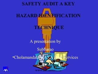www.cholaaxa.com
SAFETY AUDIT A KEY
HAZARD IDENTIFICATION
TECHNIQUE
A presentation by
Subbarao
•Cholamandalam AXA Risk Services
 