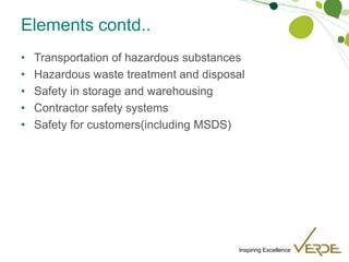 Inspiring Excellence
Elements contd..
• Transportation of hazardous substances
• Hazardous waste treatment and disposal
• Safety in storage and warehousing
• Contractor safety systems
• Safety for customers(including MSDS)
 