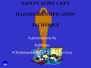 www.cholaaxa.com
SAFETY AUDIT A KEY
HAZARD IDENTIFICATION
TECHNIQUE
A presentation by
Subbarao
•Cholamandalam AXA Risk Services
 