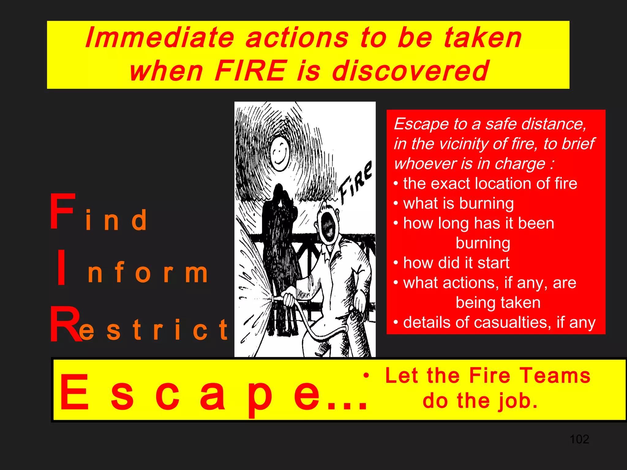 102
F
I
R
i n d
n f o r m
e s t r i c t
E s c a p e…
Escape to a safe distance,
in the vicinity of fire, to brief
whoever is in charge :
• the exact location of fire
• what is burning
• how long has it been
burning
• how did it start
• what actions, if any, are
being taken
• details of casualties, if any
Immediate actions to be taken
when FIRE is discovered
• Let the Fire Teams
do the job.
 