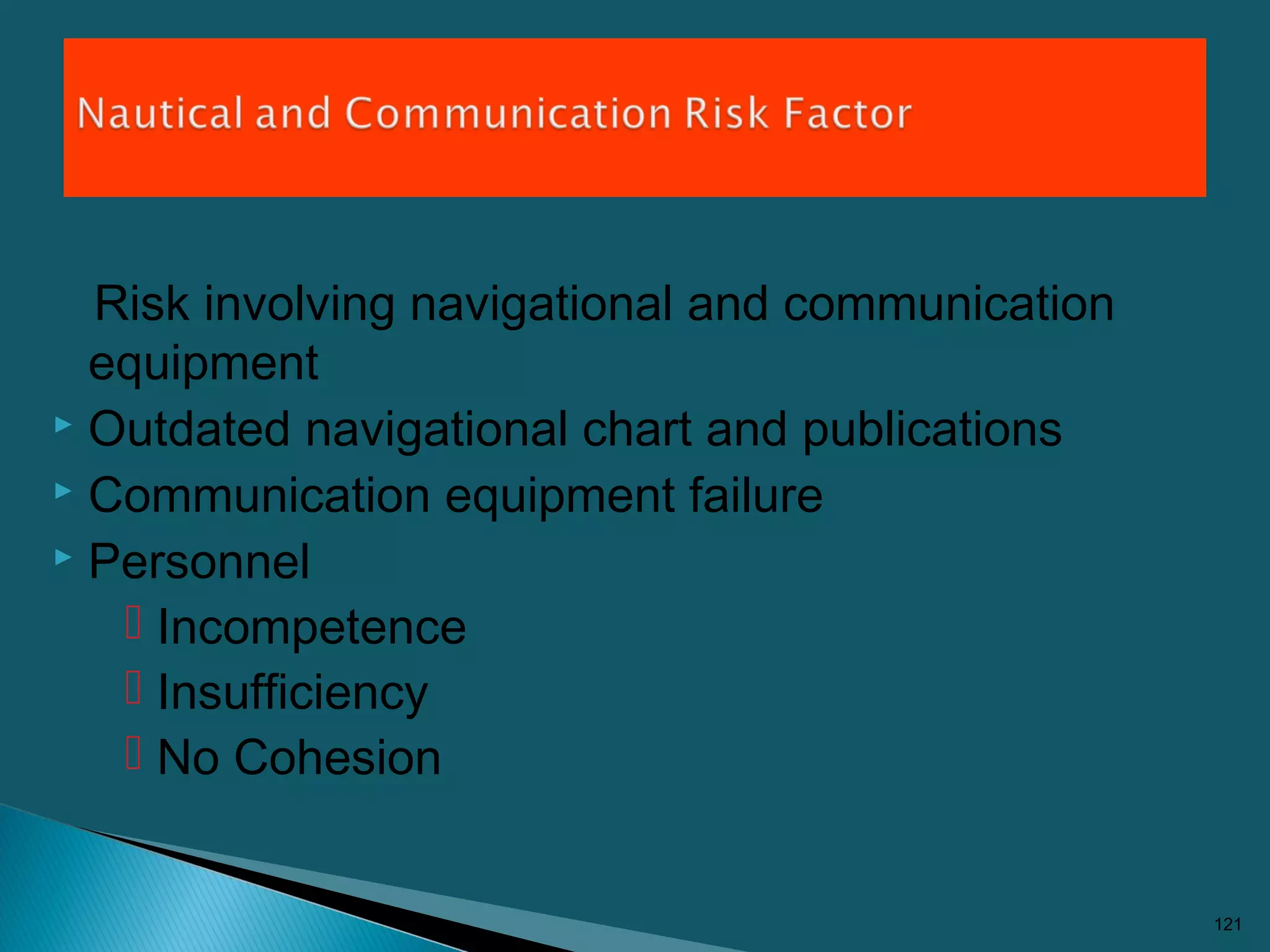 Risk involving navigational and communication
equipment
 Outdated navigational chart and publications
 Communication equipment failure
 Personnel
 Incompetence
 Insufficiency
 No Cohesion
121
 