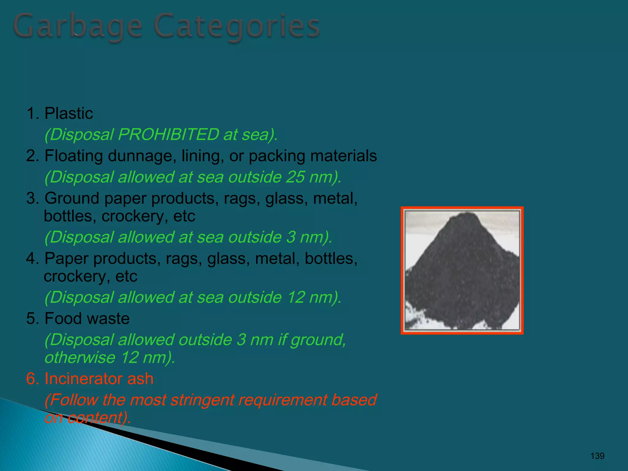 1. Plastic
(Disposal PROHIBITED at sea).
2. Floating dunnage, lining, or packing materials
(Disposal allowed at sea outside 25 nm).
3. Ground paper products, rags, glass, metal,
bottles, crockery, etc
(Disposal allowed at sea outside 3 nm).
4. Paper products, rags, glass, metal, bottles,
crockery, etc
(Disposal allowed at sea outside 12 nm).
5. Food waste
(Disposal allowed outside 3 nm if ground,
otherwise 12 nm).
6. Incinerator ash
(Follow the most stringent requirement based
on content).
139
 