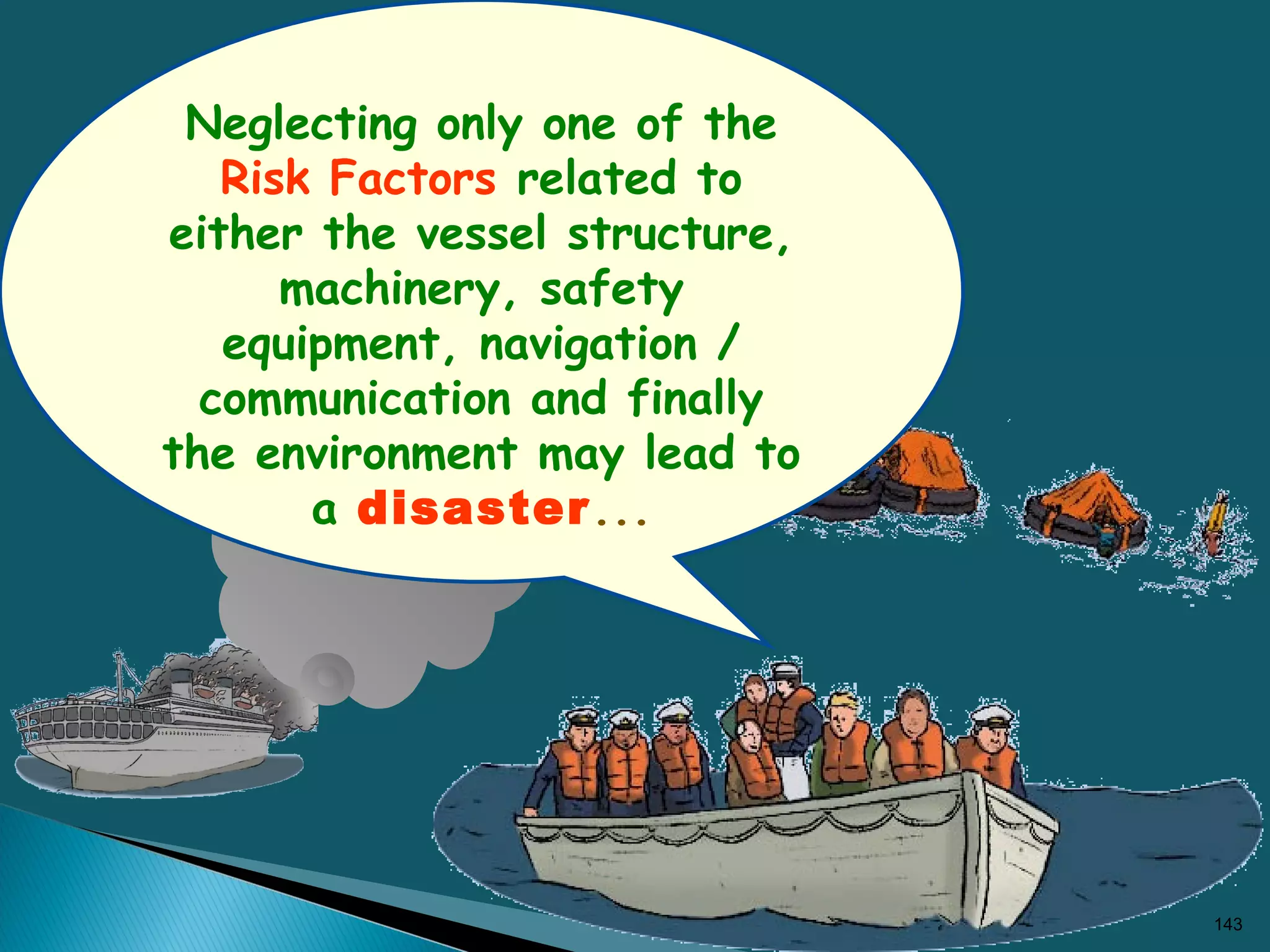 143
Neglecting only one of the
Risk Factors related to
either the vessel structure,
machinery, safety
equipment, navigation /
communication and finally
the environment may lead to
a disaster...
 