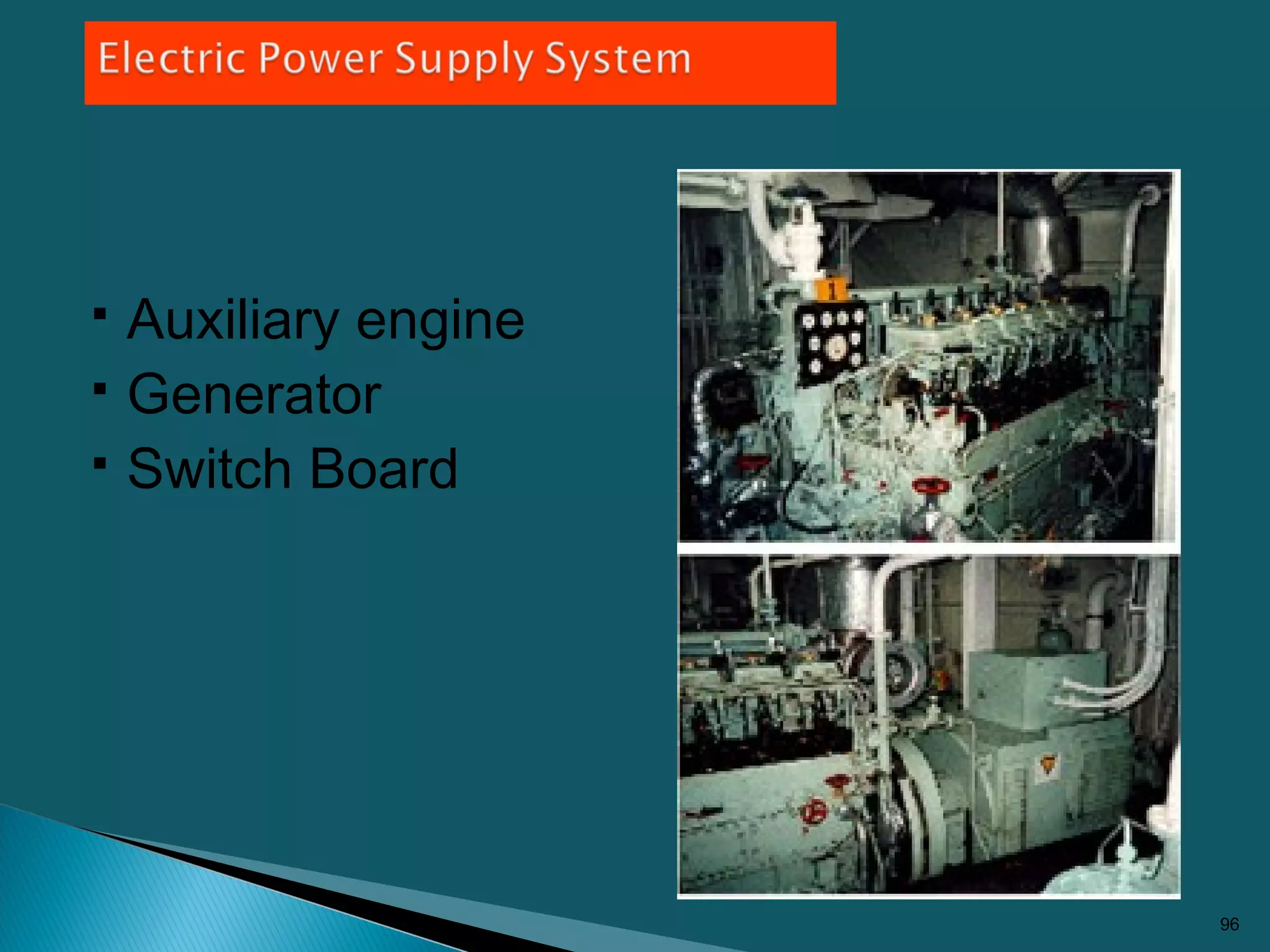  Auxiliary engine
 Generator
 Switch Board
96
 