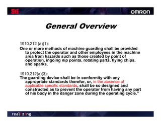 General Overview

1910.212 (a)(1):
One or more methods of machine guarding shall be provided
  to protect the operator and other employees in the machine
     p            p                     p y
  area from hazards such as those created by point of
  operation, ingoing nip points, rotating parts, flying chips,
  and sparks.

1910.212(a)(3):
The guarding device shall be in conformity with any
  appropriate standards therefor, or, in the absence of
  applicable specific standards, shall be so designed and
                      standards,
  constructed as to prevent the operator from having any part
  of his body in the danger zone during the operating cycle.”
 