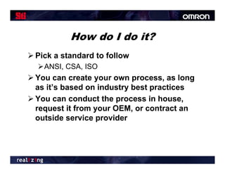 How do I do it?
 Pick a standard to follow
                     follo
  ANSI, CSA, ISO
 Y can create your own process, as l
  You           t                       long
  as it’s based on industry best practices
 You can conduct the process in house,
                                   house
  request it from your OEM, or contract an
  outside service provider
 