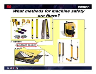 What methods for machine safety
           are there?
 Guards                                 Location/distance
      fixed
      interlocked                       Feeding and ejection methods
      adjustable                           automatic and/or semi-
                                                              semi
      self-adjusting                        automatic feed and
                                             ejection
 Devices                                   robots
    presence sensing
    pullback                            Miscellaneous aids

    restraint                              awareness barriers
    safety controls (tripwire cable,       protective shields
     two-hand control, etc.)                hand-feeding tools
    gates
 