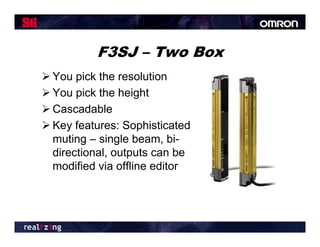 F3SJ – Two Box
 You pick the resolution
 You pick the height
 Cascadable
 Key features: Sophisticated
  muting – single beam bi
                   beam, bi-
  directional, outputs can be
  modified via offline editor
 