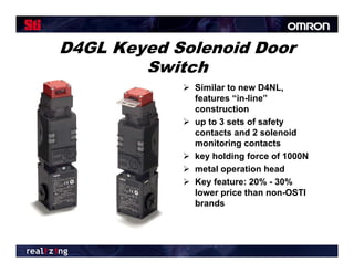 D4GL Keyed Solenoid Door
        Switch
             Si il to new D4NL,
              Similar t       D4NL
              features “in-line”
              construction
             up t 3 sets of safety
                 to     t f f t
              contacts and 2 solenoid
              monitoring contacts
             k h ldi
              key holding fforce of 1000N
                                  f
             metal operation head
             Key feature: 20% - 30%
              lower price than non-OSTI
              brands
 