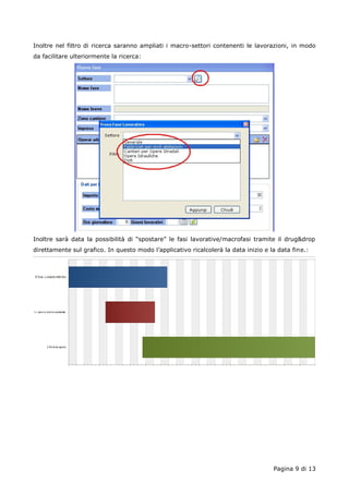 Inoltre nel filtro di ricerca saranno ampliati i macro-settori contenenti le lavorazioni, in modo 
da facilitare ulteriormente la ricerca: 
Inoltre sarà data la possibilità di “spostare” le fasi lavorative/macrofasi tramite il drug&drop 
direttamente sul grafico. In questo modo l’applicativo ricalcolerà la data inizio e la data fine.: 
Pagina 9 di 13 
 
