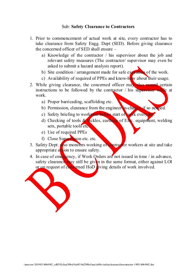 Safety clearance for contractor before start of job