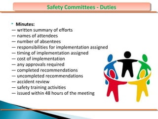 Safety Committees --Duties
                Safety Committees Duties

Minutes:
— written summary of efforts
— names of attendees
— number of absentees
— responsibilities for implementation assigned
— timing of implementation assigned
— cost of implementation
— any approvals required
— completed recommendations
— uncompleted recommendations
— accident review
— safety training activities
— issued within 48 hours of the meeting
 
