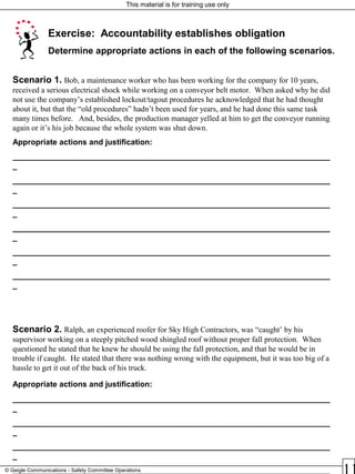 This material is for training use only
© Geigle Communications - Safety Committee Operations
Exercise: Accountability establishes obligation
Determine appropriate actions in each of the following scenarios.
Scenario 1. Bob, a maintenance worker who has been working for the company for 10 years,
received a serious electrical shock while working on a conveyor belt motor. When asked why he did
not use the company’s established lockout/tagout procedures he acknowledged that he had thought
about it, but that the “old procedures” hadn’t been used for years, and he had done this same task
many times before. And, besides, the production manager yelled at him to get the conveyor running
again or it’s his job because the whole system was shut down.
Appropriate actions and justification:
________________________________________________________________________
_
________________________________________________________________________
_
________________________________________________________________________
_
________________________________________________________________________
_
________________________________________________________________________
_
________________________________________________________________________
_
Scenario 2. Ralph, an experienced roofer for Sky High Contractors, was “caught’ by his
supervisor working on a steeply pitched wood shingled roof without proper fall protection. When
questioned he stated that he knew he should be using the fall protection, and that he would be in
trouble if caught. He stated that there was nothing wrong with the equipment, but it was too big of a
hassle to get it out of the back of his truck.
Appropriate actions and justification:
________________________________________________________________________
_
________________________________________________________________________
_
________________________________________________________________________
_
________________________________________________________________________
 