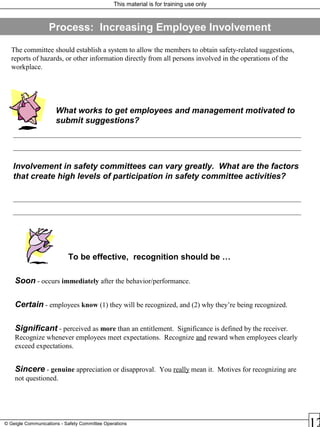This material is for training use only
© Geigle Communications - Safety Committee Operations
The committee should establish a system to allow the members to obtain safety-related suggestions,
reports of hazards, or other information directly from all persons involved in the operations of the
workplace.
What works to get employees and management motivated to
submit suggestions?
_________________________________________________________________________________
_________________________________________________________________________________
Involvement in safety committees can vary greatly. What are the factors
that create high levels of participation in safety committee activities?
_________________________________________________________________________________
_________________________________________________________________________________
Process: Increasing Employee Involvement
To be effective, recognition should be …
Soon - occurs immediately after the behavior/performance.
Certain - employees know (1) they will be recognized, and (2) why they’re being recognized.
Significant - perceived as more than an entitlement. Significance is defined by the receiver.
Recognize whenever employees meet expectations. Recognize and reward when employees clearly
exceed expectations.
Sincere - genuine appreciation or disapproval. You really mean it. Motives for recognizing are
not questioned.
 