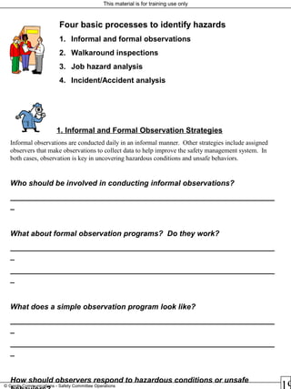 This material is for training use only
© Geigle Communications - Safety Committee Operations
Four basic processes to identify hazards
1. Informal and formal observations
2. Walkaround inspections
3. Job hazard analysis
4. Incident/Accident analysis
1. Informal and Formal Observation Strategies
Informal observations are conducted daily in an informal manner. Other strategies include assigned
observers that make observations to collect data to help improve the safety management system. In
both cases, observation is key in uncovering hazardous conditions and unsafe behaviors.
Who should be involved in conducting informal observations?
_______________________________________________________________
_
What about formal observation programs? Do they work?
_______________________________________________________________
_
_______________________________________________________________
_
What does a simple observation program look like?
_______________________________________________________________
_
_______________________________________________________________
_
How should observers respond to hazardous conditions or unsafe
 
