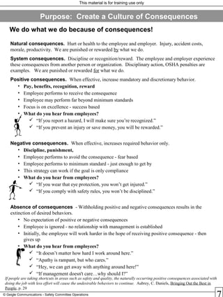 This material is for training use only
© Geigle Communications - Safety Committee Operations
Natural consequences. Hurt or health to the employee and employer. Injury, accident costs,
morale, productivity. We are punished or rewarded by what we do.
System consequences. Discipline or recognition/reward. The employee and employer experience
these consequences from another person or organization. Disciplinary action, OSHA penalties are
examples. We are punished or rewarded for what we do.
Positive consequences. When effective, increase mandatory and discretionary behavior.
• Pay, benefits, recognition, reward
• Employee performs to receive the consequence
• Employee may perform far beyond minimum standards
• Focus is on excellence - success based
• What do you hear from employees?
 “If you report a hazard, I will make sure you’re recognized.”
 “If you prevent an injury or save money, you will be rewarded.”
Negative consequences. When effective, increases required behavior only.
• Discipline, punishment,
• Employee performs to avoid the consequence - fear based
• Employee performs to minimum standard - just enough to get by
• This strategy can work if the goal is only compliance
• What do you hear from employees?
 “If you wear that eye protection, you won’t get injured.”
 “If you comply with safety rules, you won’t be disciplined.”
Absence of consequences - Withholding positive and negative consequences results in the
extinction of desired behaviors.
• No expectation of positive or negative consequences
• Employee is ignored - no relationship with management is established
• Initially, the employee will work harder in the hope of receiving positive consequence - then
gives up
• What do you hear from employees?
 “It doesn’t matter how hard I work around here.”
 “Apathy is rampant, but who cares.”
 “Hey, we can get away with anything around here!”
 “If management doesn't care…why should I?”
If people are taking shortcuts in areas such as safety and quality, the naturally occurring positive consequences associated with
doing the job with less effort will cause the undesirable behaviors to continue. Aubrey, C. Daniels, Bringing Out the Best in
People, p. 29
We do what we do because of consequences!
Purpose: Create a Culture of Consequences
 