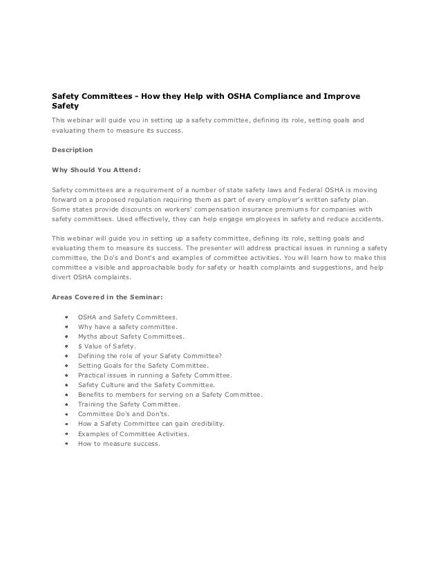 Federal OSHA Compliance and Safety Laws with Safety Committees