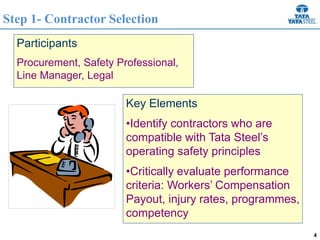 4
Key Elements
•Identify contractors who are
compatible with Tata Steel’s
operating safety principles
•Critically evaluate performance
criteria: Workers’ Compensation
Payout, injury rates, programmes,
competency
Participants
Procurement, Safety Professional,
Line Manager, Legal
Step 1- Contractor Selection
 