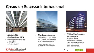 • Novo padrão
iluminação na BMW
• Iluminação de área de
produção e
armazenagem.
• The Square. Arranha
ceú deitado, com mais
de 1.000 controladores
e 30.000 módulos de
E/S WAGO instalado.
• Philips Headquarters
em Hamburg,
Automação de
iluminação criando
uma nova experiência
para escritórios.
• .
Casos de Sucesso Internacional
 