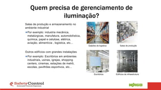Quem precisa de gerenciamento de
iluminação?
Salas de produção e armazenamento no
ambiente industrial
Por exemplo: industria mecânica,
metalúrgicas, manufatura, automobilística,
química, papel e celulose, elétrica,
aviação, alimentícia , logística, etc...
Outros edifícios com grandes instalações
Por exemplo: Escritórios em ambientes
industriais, usinas, igrejas, shopping
centers, cinemas, estações de metrô,
escolas, pavilhões esportivos, etc...
Galpões de logistica
Escritórios
Salas de produção
Edifícios de infraestrutura
 