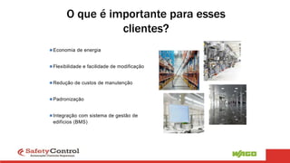 O que é importante para esses
clientes?
Economia de energia
Flexibilidade e facilidade de modificação
Redução de custos de manutenção
Padronização
Integração com sistema de gestão de
edifícios (BMS)
 