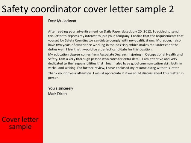 Safety Coordinator Cover Letter