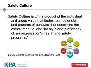 Safety Culture
Safety Culture is…”the product of the individual
and group values, attitudes, competencies
and patterns of behavior that determine the
commitment to, and the style and proficiency
of, an organization's health and safety
programs.”
Safety Culture: A Review of the Literature (UK)
 