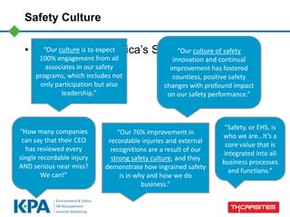 Safety Culture
• EHS Today-America’s Safest Companies“Our culture is to expect
100% engagement from all
associates in our safety
programs, which includes not
only participation but also
leadership.”
“Our culture of safety
innovation and continual
improvement has fostered
countless, positive safety
changes with profound impact
on our safety performance.”
“How many companies
can say that their CEO
has reviewed every
single recordable injury
AND serious near miss?
We can!”
“Our 76% improvement in
recordable injuries and external
recognitions are a result of our
strong safety culture, and they
demonstrate how ingrained safety
is in why and how we do
business.”
“Safety, or EHS, is
who we are…It’s a
core value that is
integrated into all
business processes
and functions.”
 