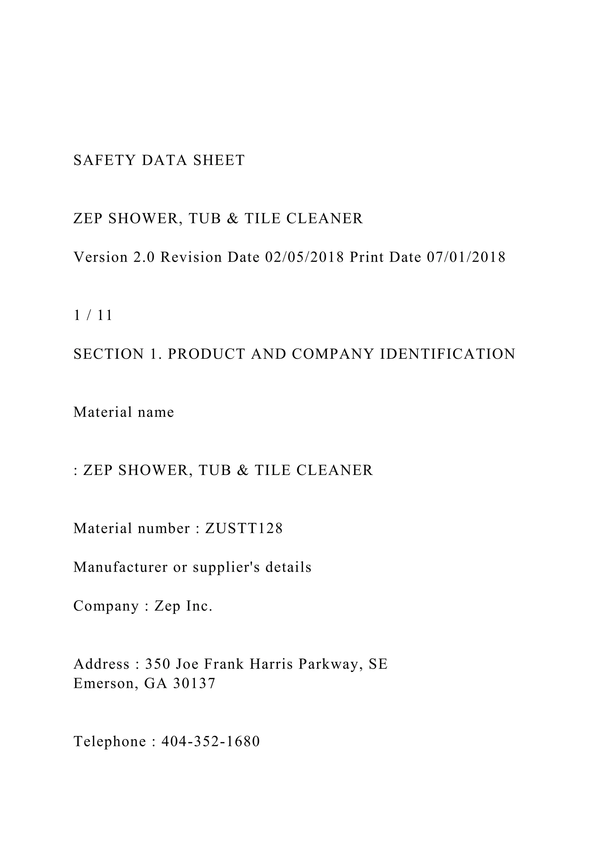 SAFETY DATA SHEET ZEP SHOWER, TUB & TILE CLEANER Ver.docx