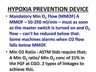 HYPOXIA PREVENTION DEVICE
• Mandatory Min O2 Flow (MMOF) A
MMOF – 50-250 ml/min – must as soon
as the master switch is turned on and O2
flow – can’t be reduced below that.
Some machines alarms when O2 flow
falls below MMOF.
• Min O2 Ratio : ASTM Stds require that;
A Min O2 ratio/ Min O2 conc of 21% in
the FGF at CGO. 2 types of linkages to
achieve this.
 