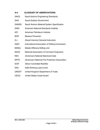 A-4          GLOSSARY OF ABBREVIATIONS
SAES             Saudi Aramco Engineering Standards
SAG              Saudi Arabian Government

SAMSS            Saudi Aramco Material System Specification
ANSI             American National Standards Institute

API              American Petroleum Institute

BOP              Blowout Preventor

G.I.             (Saudi Aramco) General Instruction

IADC             International Association of Drilling Contractors
MODU             Mobile Offshore Drilling Unit

NACE             National Association of Corrosion Engineers

NEC              (American) National Electrical Code

NFPA             (American) National Fire Protection Association

SCR              Silicon Controlled Rectifier

SWL              Safe Working Load (Limit)

UKDOT            United Kingdom Department of Trade

USCG             United States Coast Guard




REV. JUNE 2004                                                        Safety Requirement for
                                                                     Drilling & Workover Rigs
                                         -- Page 5 of 95 --
 
