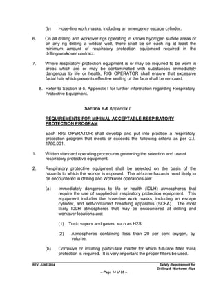 (b)      Hose-line work masks, including an emergency escape cylinder.

6.      On all drilling and workover rigs operating in known hydrogen sulfide areas or
        on any rig drilling a wildcat well, there shall be on each rig at least the
        minimum amount of respiratory protection equipment required in the
        drilling/workover contract.

7.      Where respiratory protection equipment is or may be required to be worn in
        areas which are or may be contaminated with substances immediately
        dangerous to life or health, RIG OPERATOR shall ensure that excessive
        facial hair which prevents effective sealing of the face shall be removed.

     8. Refer to Section B-5, Appendix I for further information regarding Respiratory
        Protective Equipment.


                              Section B-6 Appendix I:

        REQUIREMENTS FOR MINIMAL ACCEPTABLE RESPIRATORY
        PROTECTION PROGRAM

        Each RIG OPERATOR shall develop and put into practice a respiratory
        protection program that meets or exceeds the following criteria as per G.I.
        1780.001.

1.      Written standard operating procedures governing the selection and use of
        respiratory protective equipment.

2.      Respiratory protective equipment shall be selected on the basis of the
        hazards to which the worker is exposed. The airborne hazards most likely to
        be encountered in drilling and Workover operations are:

        (a)      Immediately dangerous to life or health (IDLH) atmospheres that
                 require the use of supplied-air respiratory protection equipment. This
                 equipment includes the hose-line work masks, including an escape
                 cylinder, and self-contained breathing apparatus (SCBA). The most
                 likely IDLH atmospheres that may be encountered at drilling and
                 workover locations are:

                 (1)   Toxic vapors and gases, such as H2S.

                 (2)    Atmospheres containing less than 20 per cent oxygen, by
                        volume.

        (b)      Corrosive or irritating particulate matter for which full-face filter mask
                 protection is required. It is very important the proper filters be used.

REV. JUNE 2004                                                        Safety Requirement for
                                                                     Drilling & Workover Rigs
                                       -- Page 14 of 95 --
 
